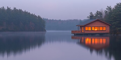 Obraz premium A solitary cabin glows with warmth, nestled amidst the quiet embrace of a fog-shrouded lake, its reflection mirroring the tranquility of the scene.