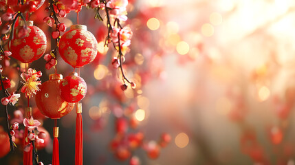 Japanese New Year background with traditional decorations like kadomatsu and plum blossoms