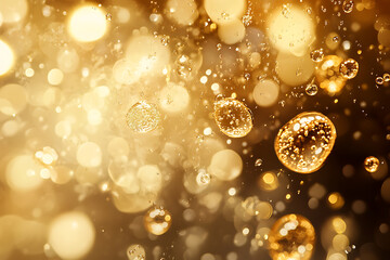 Luxurious New Year's background with golden champagne bubbles rising against a deep black background