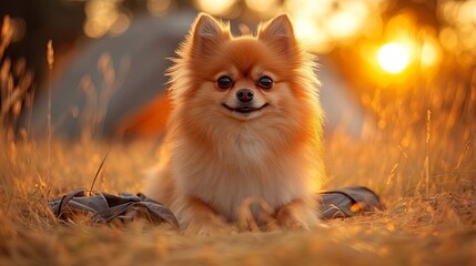 Obraz premium A fluffy dog sits in tall grass with the sun setting behind it, casting a warm glow on its fur.