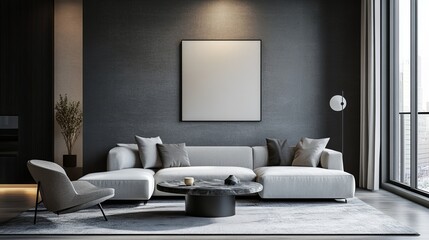 Modern living room with minimalist design and large windows.