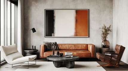 Modern living room with plush leather couch, bold statement art on the walls, and sleek, minimalist decor for a clean, luxurious feel.