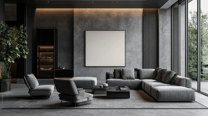 Modern living room with minimalist design and large windows.