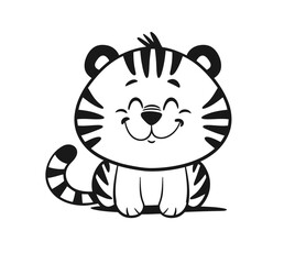 A playful line art illustration of a smiling tiger cub, exuding charm and cuteness. Perfect for children's content, wildlife themes, or animal-related projects