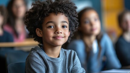 school classroom with a young boy sitting in front of a woman teacher during a lesson students are listening and studying as the teacher explains academic concepts in a formal teaching environment