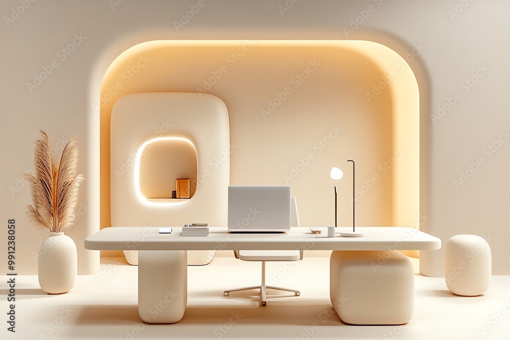 Poster A 3D-rendered minimalist office space, featuring simple geometric shapes and a sleek desk setup, creating a futuristic but productive environment