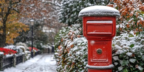 A Red Mailbox Stands Covered in Snow,  Surrounded by Greenery and White Flurries in the Air.
