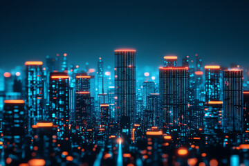 Naklejka premium Abstract cityscape made of supercomputers processing data through interconnected networks, glowing electric streams, urban technology, data flow