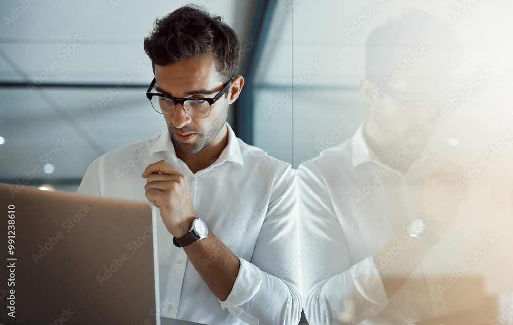 Poster laptop, problem solving and business man reading email for sales update, feedback or budget report. 