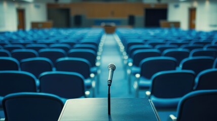 Naklejka premium Rear view of blue chairs in a large empty conference hall, with a podium and microphone at the front.