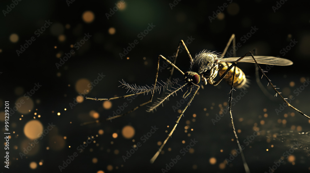 Poster close up view of mosquito showcasing its intricate features and delicate body structure, set against