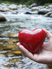 Fototapeta premium A hand holding a heart in a river