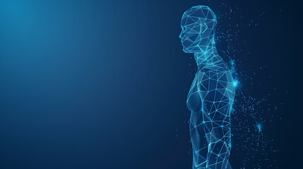 3d abstract AI Artificial intelligence futuristic neon blue glowing wireframe grid human body in space presentation illustration background, Digital technology science anatomy health care