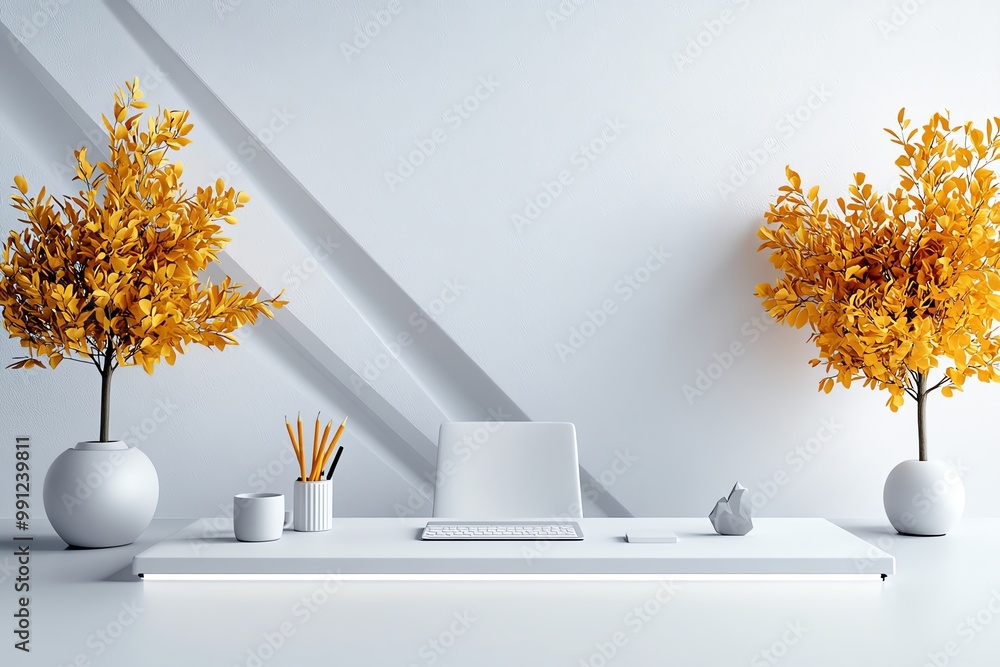 Aufkleber A 3D-rendered minimalist office space, featuring simple geometric shapes and a sleek desk setup, creating a futuristic but productive environment