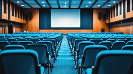 Naklejka premium Rows of blue chairs in an empty, brightly lit conference hall with a large projector screen at the front.