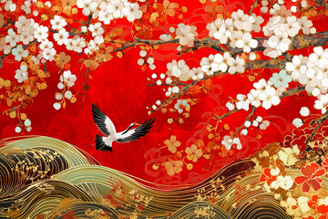  Japanese Kimono fabric pattern, with delicate sakura blossoms, swirling waves, and cranes set against a vibrant red and gold background, capturing the elegance of ancient Japanese textiles