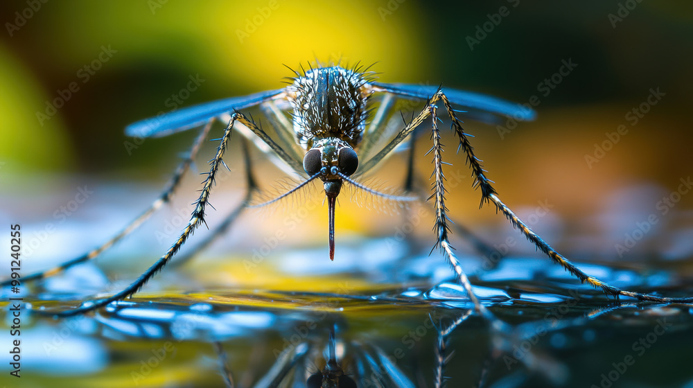 Poster close up view of mosquito perched on reflective surface, showcasing its intricate details and featur