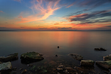 Long exposure sunset over the lake, soft focus