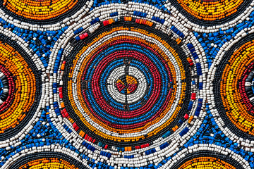 
Maasai beadwork pattern from Kenya, featuring vibrant circular and triangular motifs in bold colors such as red, blue, white, and yellow, representing tribal culture and pride
