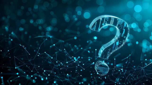 3d render wireframe grid glowing green question mark. FQA data analysis concept. Digital futuristic illustration background presentation 