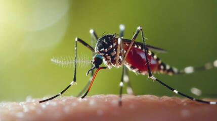 close up view of mosquito, showcasing its detailed features and vibrant colors. This insect is known for its role in transmitting diseases like dengue, highlighting importance of awareness and