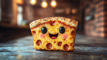 A cheesy pizza slice smiles happily on a wooden table.