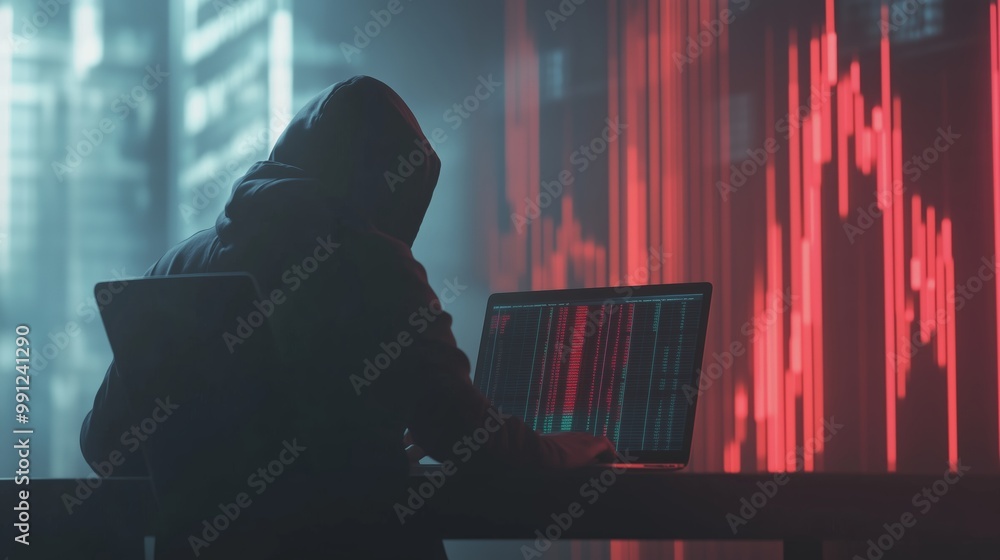 Poster silhouetted figure in a hoodie analyzes data on multiple screens against a backdrop of fluctuating s