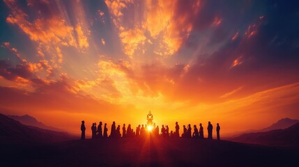 Naklejka premium Silhouettes of people in prayer before a golden calf idol under a vibrant sunset in the desert.