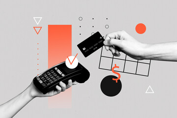Composite creative art collage of hands hold cashless credit card payment pos terminal nfc service...