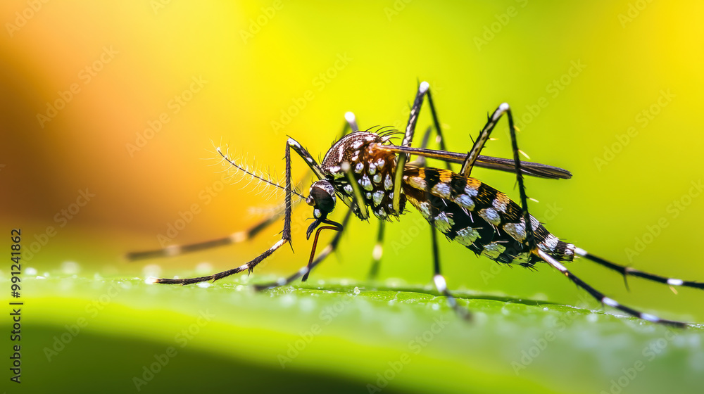 Poster close up view of mosquito resting on green leaf, showcasing its intricate details and patterns. vibr