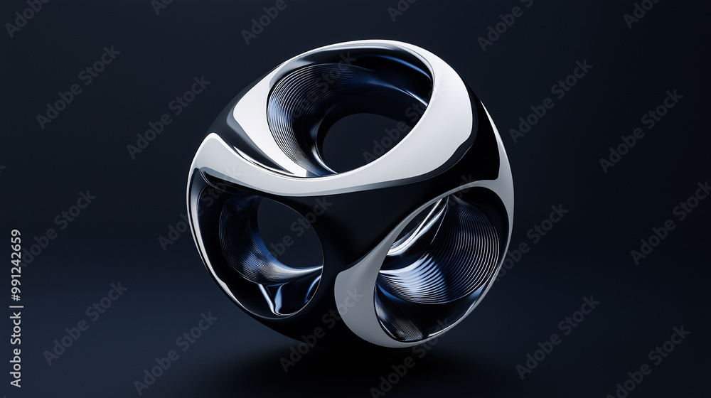 Poster abstract metallic shape with holes floating on dark background