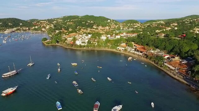 Aerial view of boats anchored near Orla Bardot in B&uacute;zios, Rio de Janeiro.