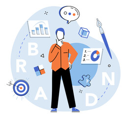 Brand building vector illustration. Brand building metaphor, symphony, harmonizes various elements to create captivating brand melody Promotion, spotlight, illuminates ongoing construction brand