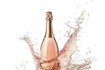 A bottle of pink champagne with sparkling wine waves splashes isolated on transparent background.