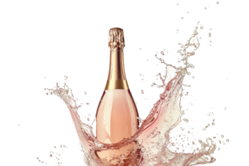 A bottle of pink champagne with sparkling wine waves splashes isolated on transparent background.