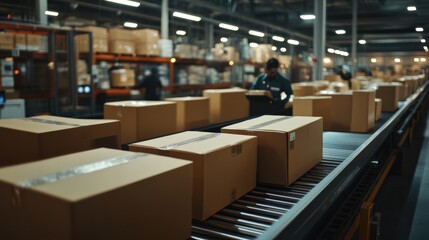 A busy postal facility with dozens of cardboard boxes moving along a conveyor belt. Workers in uniform are sorting the packages by size and destination, with barcode scanners in hand. The scene is ind
