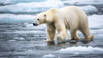 polar bear walks across melting ice in Arctic, highlighting impact of climate change on wildlife. scene captures bears majestic presence amidst fragile environment