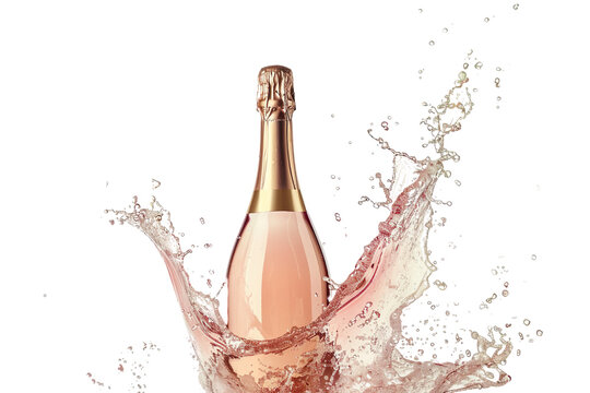 A bottle of pink champagne with sparkling wine waves splashes isolated on transparent background.