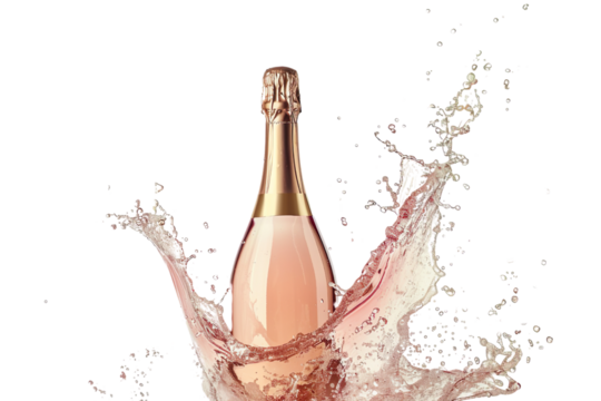 A bottle of pink champagne with sparkling wine waves splashes isolated on transparent background.