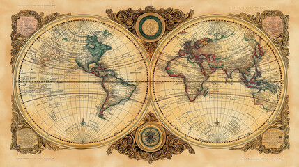 Antique world map showing hemispheres with ornate detail