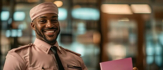 Fototapeta premium A joyful staff member wearing a uniform, holding a document, showcasing professionalism and positivity in a modern setting.