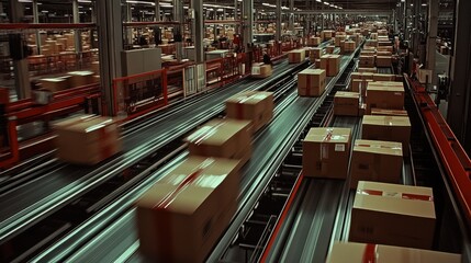 Fototapeta premium A busy postal facility with dozens of cardboard boxes moving along a conveyor belt. Workers in uniform are sorting the packages by size and destination, with barcode scanners in hand. The scene is ind