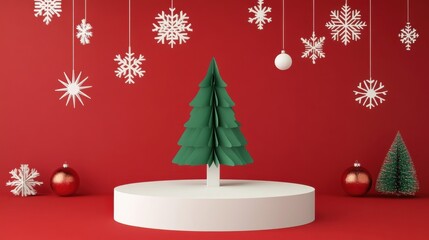 3D render of a Christmas tree on a white podium with snowflakes and paper-cut clouds, isolated on a red background.