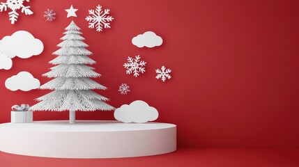 3D render of a Christmas tree on a white podium with snowflakes and paper-cut clouds, isolated on a red background.