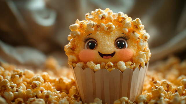 Smiling popcorn cartoon character in a cup.