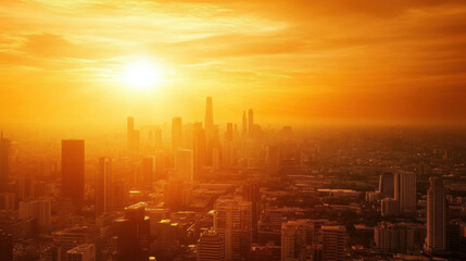 stunning sunset casts warm orange glow over bustling city skyline, highlighting tall buildings and urban landscape. scene evokes sense of tranquility amidst vibrant city life