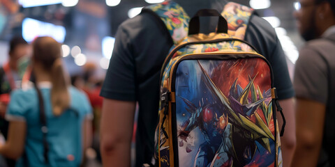 Obraz premium A person wearing a colorful backpack featuring a vibrant graphic design of a superhero or anime character.