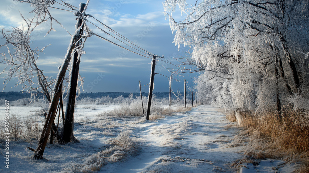 Poster serene landscape showcases winter scene with power lines and trees covered in ice, creating beautifu