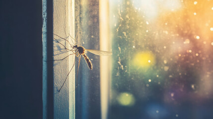 mosquito resting on window, illuminated by warm sunlight, highlights importance of keeping windows and doors closed to prevent insect entry