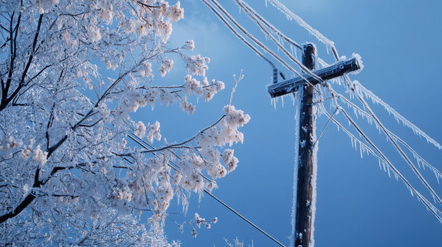 image captures serene winter scene featuring power line and tree covered in ice, showcasing beauty and challenges of icy weather